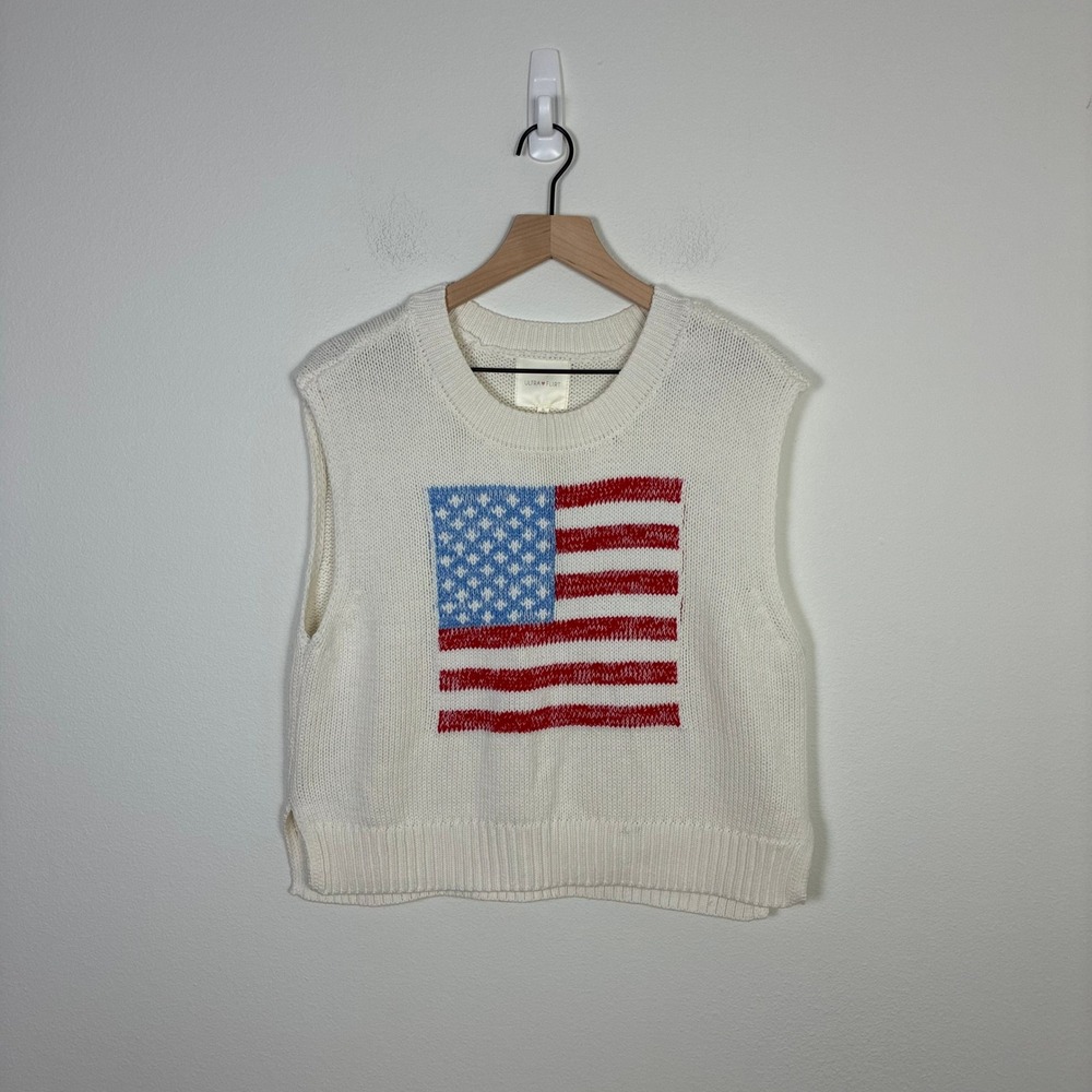 Ultra Flirt American Flag Knit Sweater Vest Cream Women's XL Patriotic Preppy